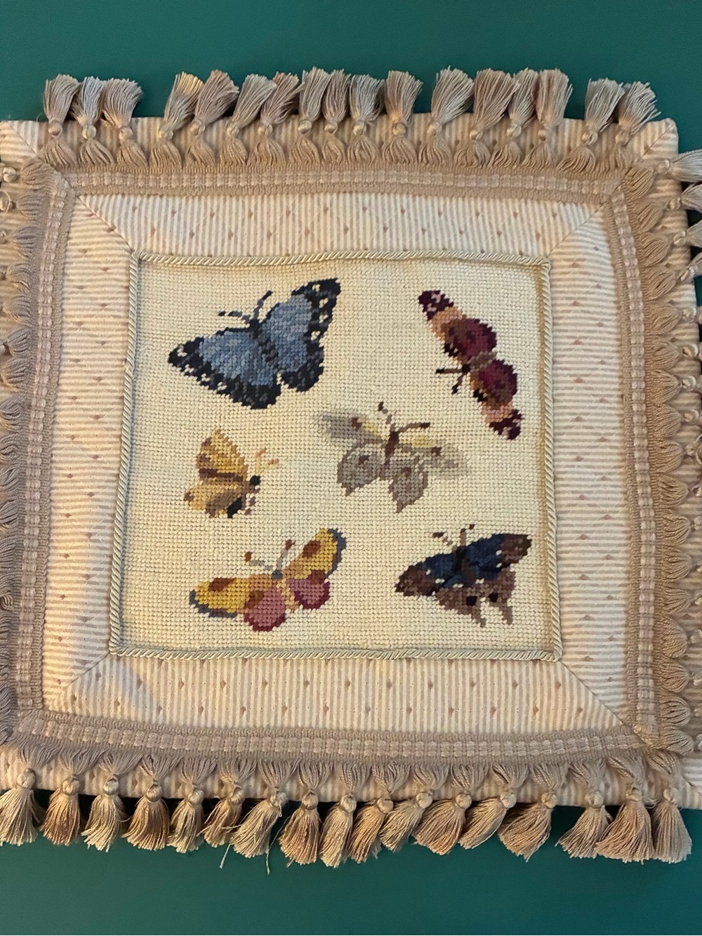 Vintage Butterfly Needlepoint Throw Pillow Cover 16”x16”